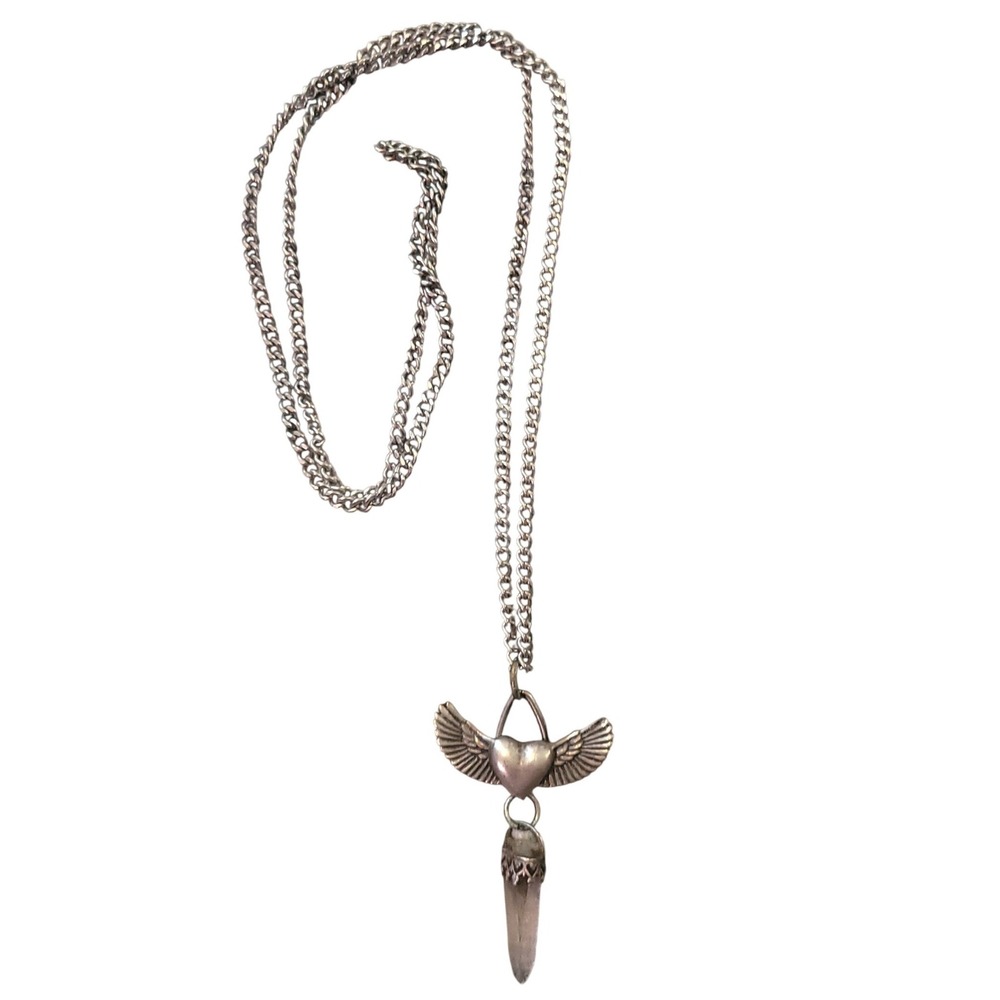Silver Winged Heart Crystal Point Pendant Necklace Gothic Whimsigoth Jewelry Vtg - Picture 2 of 3